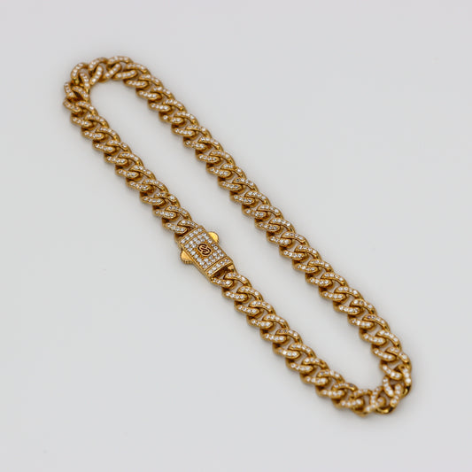 14K Monaco Chain Ankle Bracelet Full Cz Stones At Lock Yellow Gold