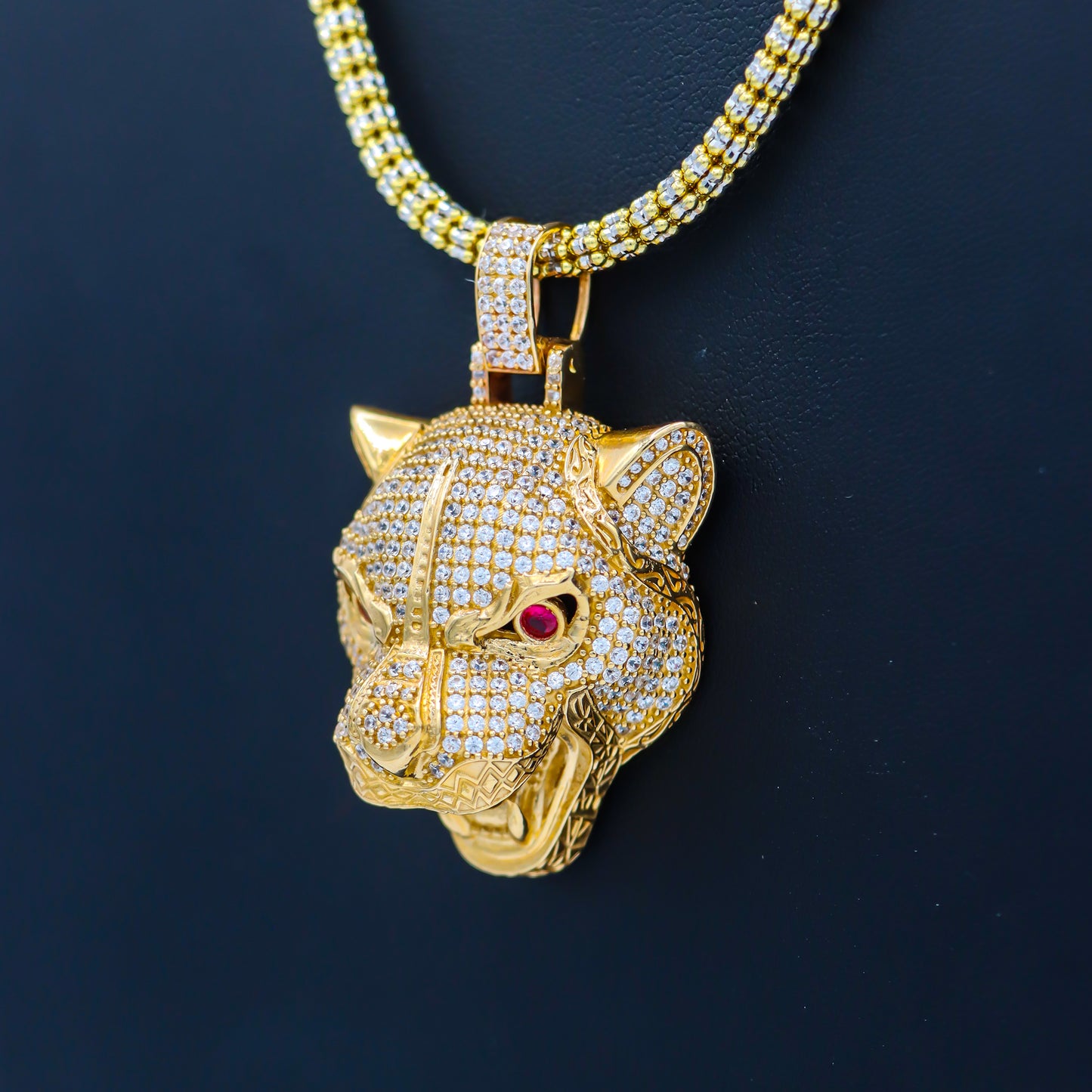14K Tiger Face W/ Moon Ice Chain